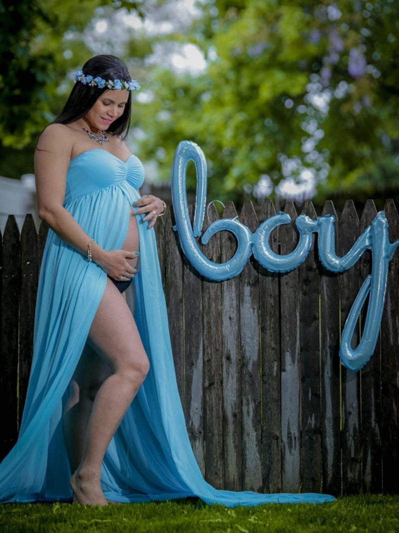 YnimioAOX Women's Off Shoulder Strapless Sweetheart Maternity Dress for Photography Split Front Chiffon Gown for Photoshoot,Sky Blue - Image 2